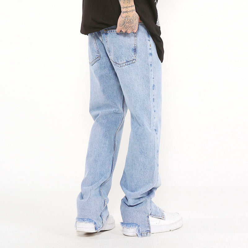 Men Jeans Solid Color Loose Worn Hem Slit