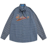 Men Long Sleeved T Shirt Cartoon Letter Embroidered Neckline Long Sleeve Shirt Trendy Loose Striped Shirt
