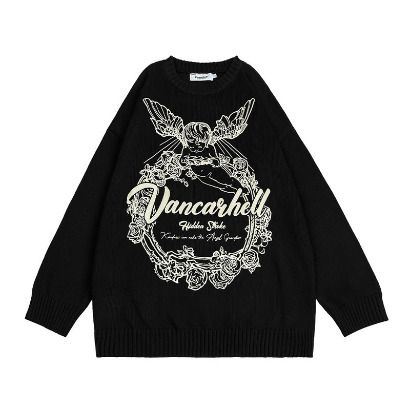 Men Sweater Little Angel Printed round Neck Sweater