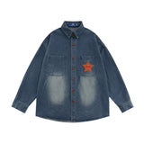 Men Long Sleeved T Shirt Personality Five-Pointed Star Embroidered Pocket Denim Shirt Men's Spring and Autumn Loose Casual