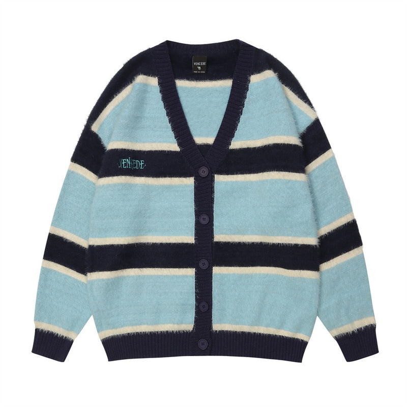 Men Sweater Striped Sweater Coat Men's Fleece Cardigan Sweater