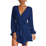 Valentine's Day Dress Women's High Waist V-neck Dress Solid Color Casual Short Skirt