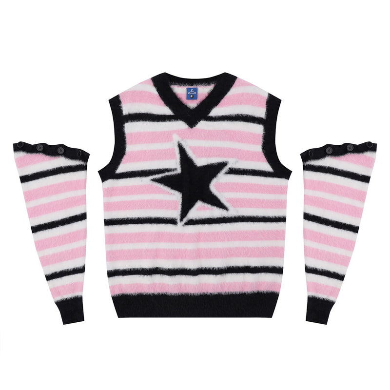 Men Sweater Striped with Fleece Lining Detachable Sleeves Knitwear