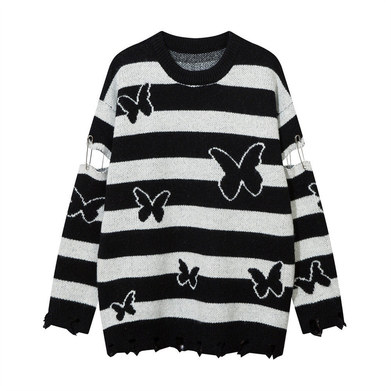 Men Sweater Striped Butterfly Sweater Autumn and Winter Hem Destroyed Sweater Men