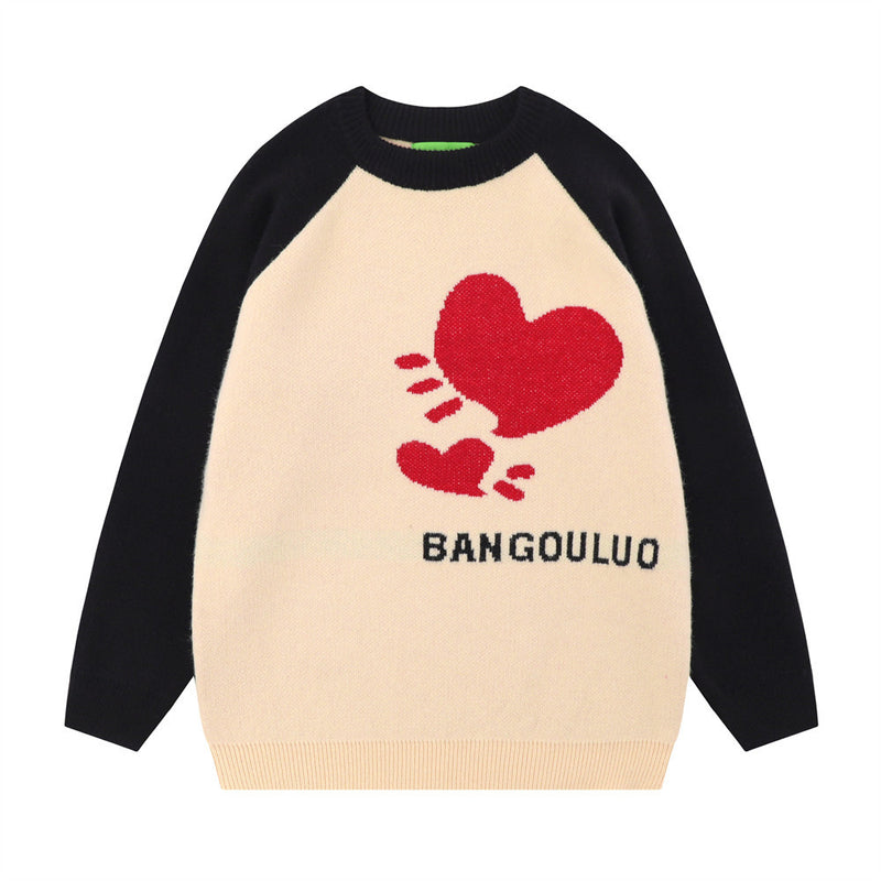 Men Sweater Heart-Shaped Jacquard round Neck Knitted Sweater