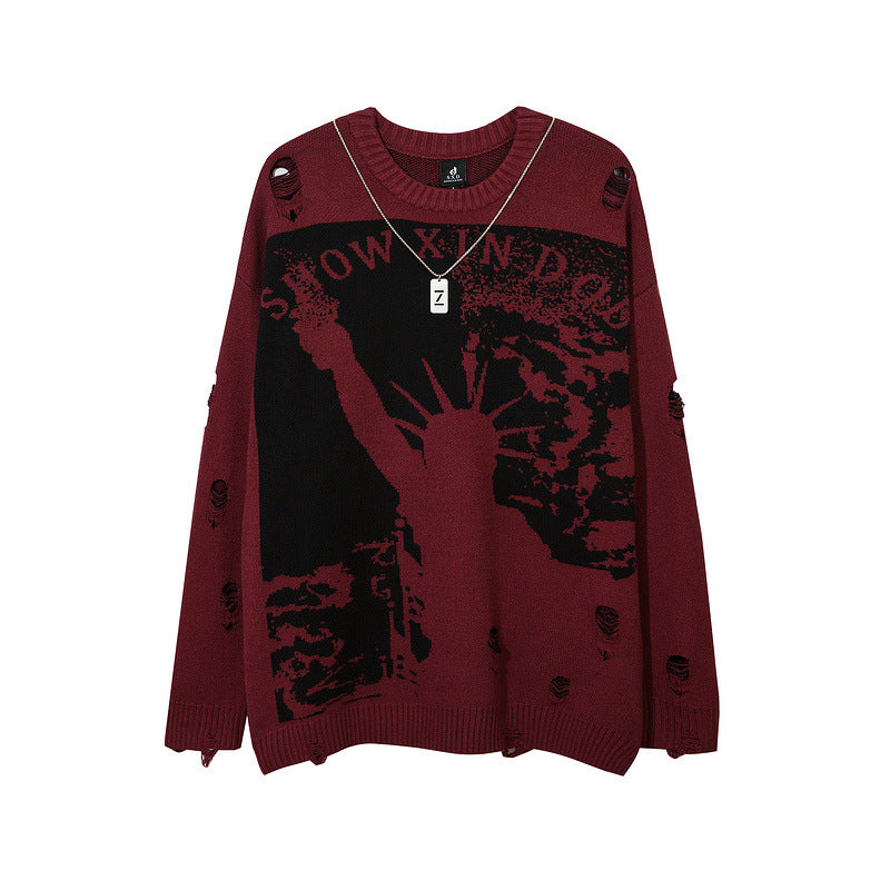 Women Sweater Devil Jacquard Knitted Sweater Ripped
