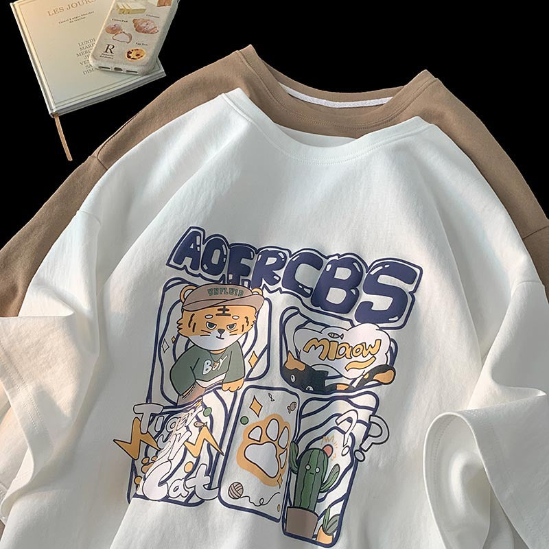 Men T Shirt Summer Loose Cotton Heavy All-Match American Retro