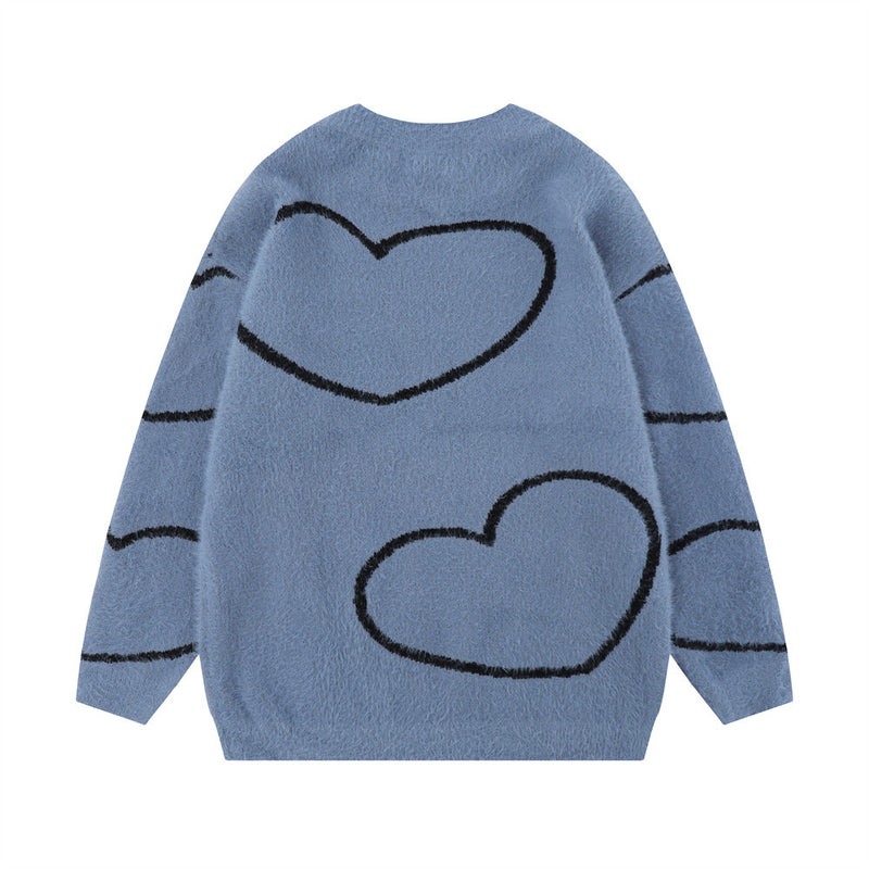 Men Sweater Love Jacquard Loose-Fitting round Neck Knitted Sweater