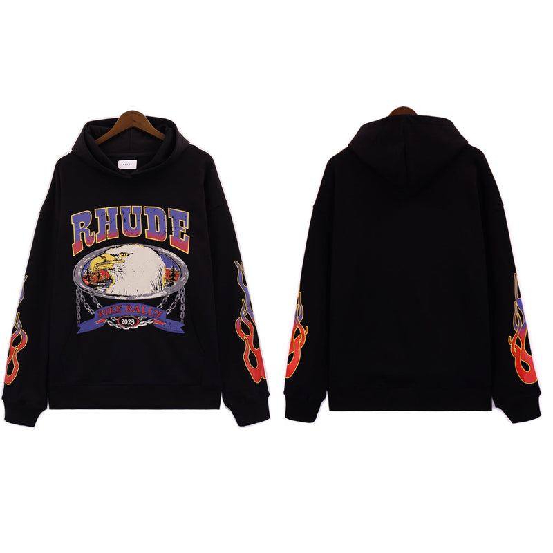 Rhude Hoodie Alphabet Eagle Flame Sleeve Hooded Sweater