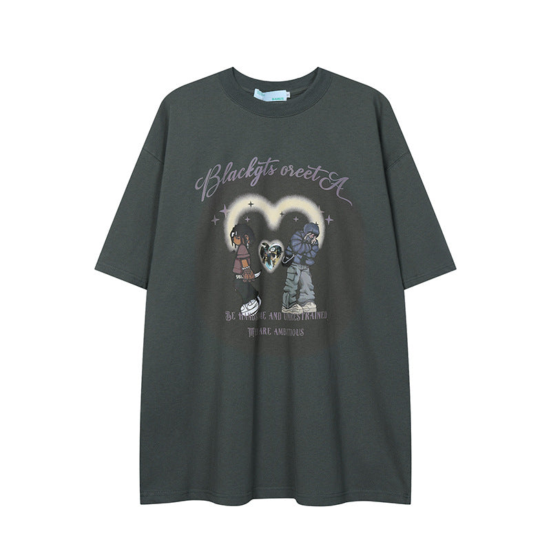 After Prom Shirt Women's Love T-shirt Retro Cartoon Printed Cotton Short Sleeve Men's Loose Ins