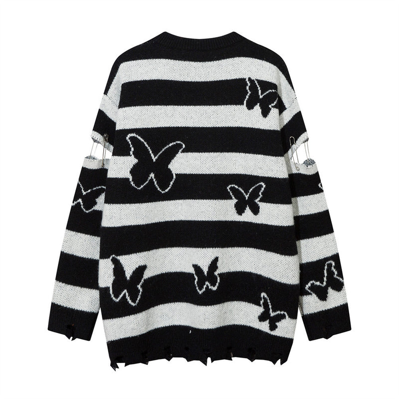 Men Sweater Striped Butterfly Sweater Autumn and Winter Hem Destroyed Sweater Men