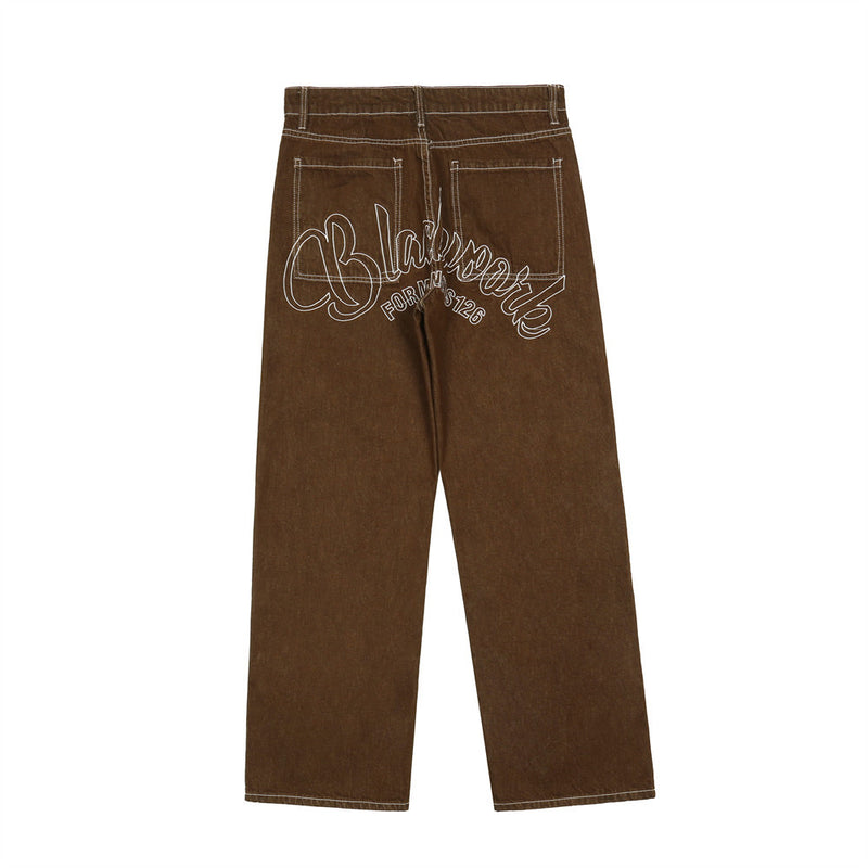 Men Jeans Five-Pointed Star Embroidery Retro Casual