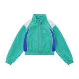 Women Jackets Color Stitching Stand-Collar Zipper Vintage