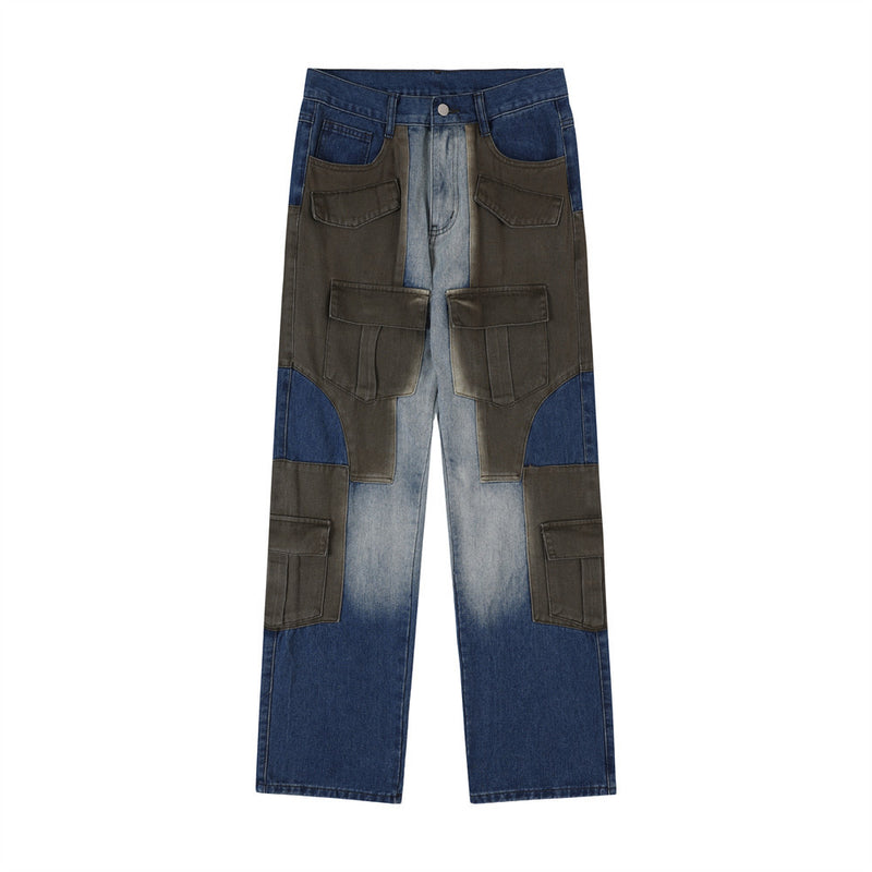 Men Jeans Stitching Polished White Personalized Punk Workwear with Pocket