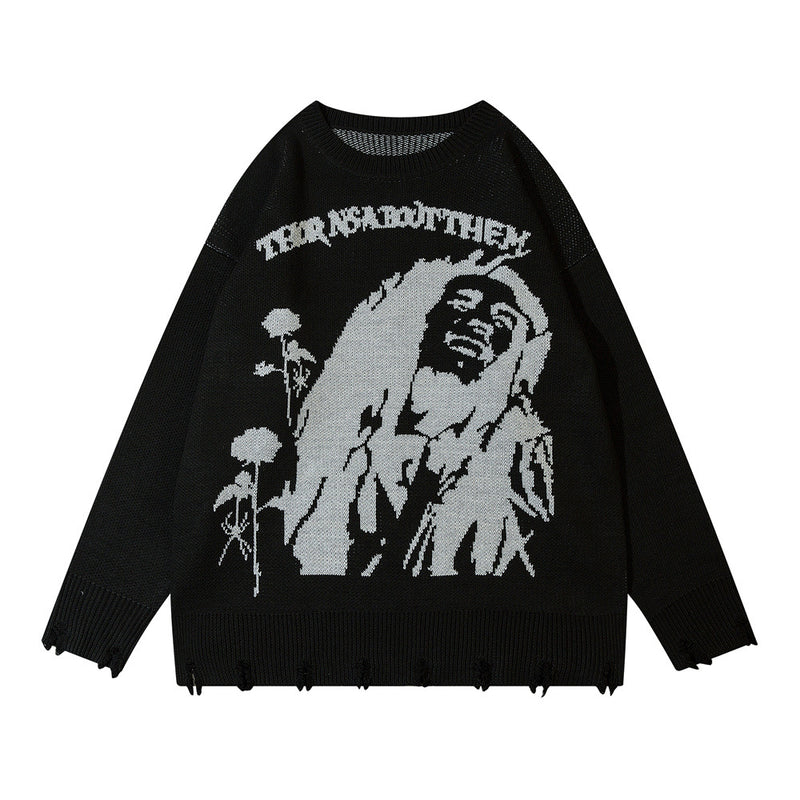 Men Sweater Portrait Jacquard Knitted Sweater Crocheted Ripped