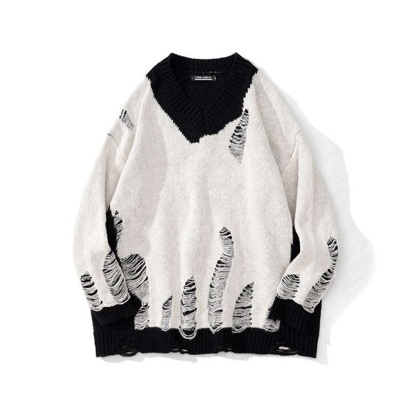 Men Sweater Color Matching Crocheted Ripped Sweater round Neck Sweater