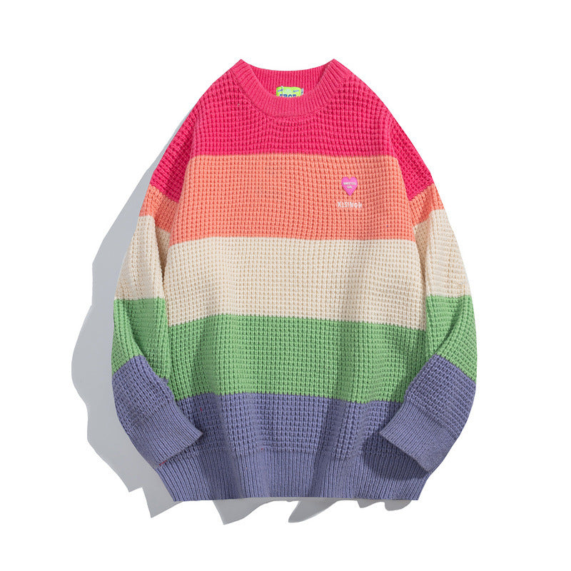Women Sweater Retro College Style Striped Color Block Knitted Sweater