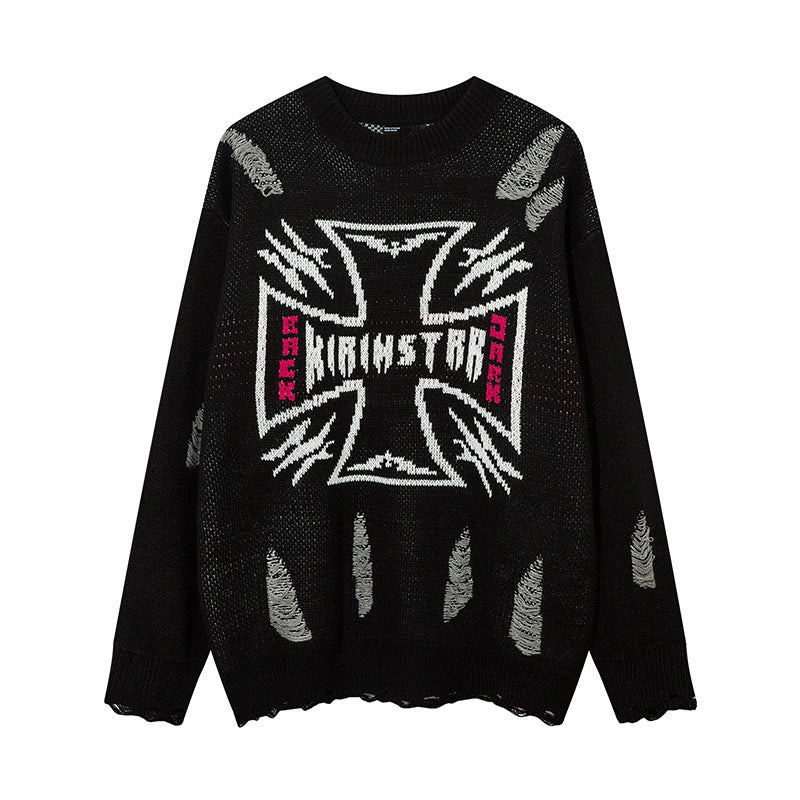 Women Sweater Cross Ripped Sweater Vintage Burr Knitted