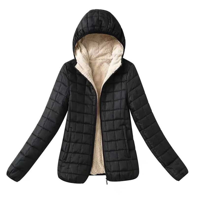 Women Cotton Coat Hooded Fleece-lined Imitation Lamb