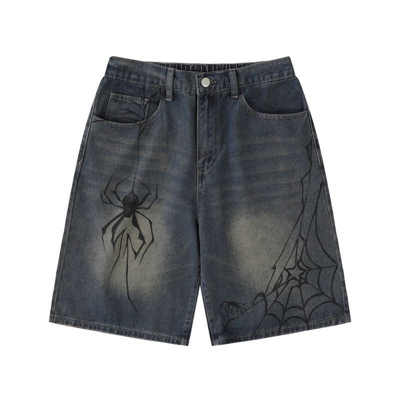 Men Shorts Spider Printed Denim Shorts Loose Casual White