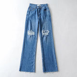 Women Jeans Loose Hole Raw Edges