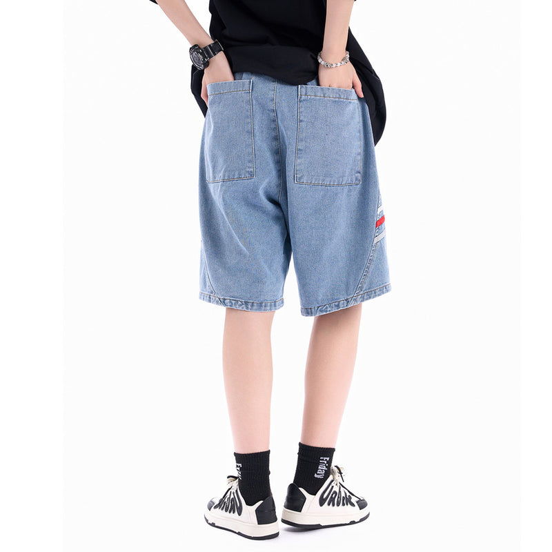 Men Shorts Striped Stitching Denim Shorts Summer Loose Casual