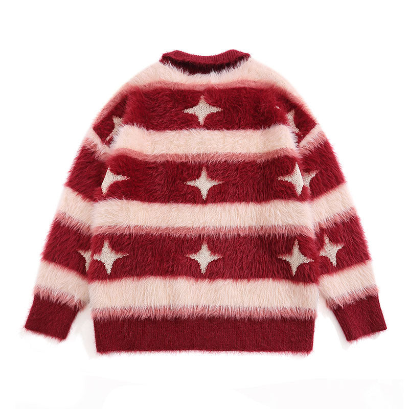 Women Sweater Contrast Color Striped Couple Knitted Top Polo Shirt