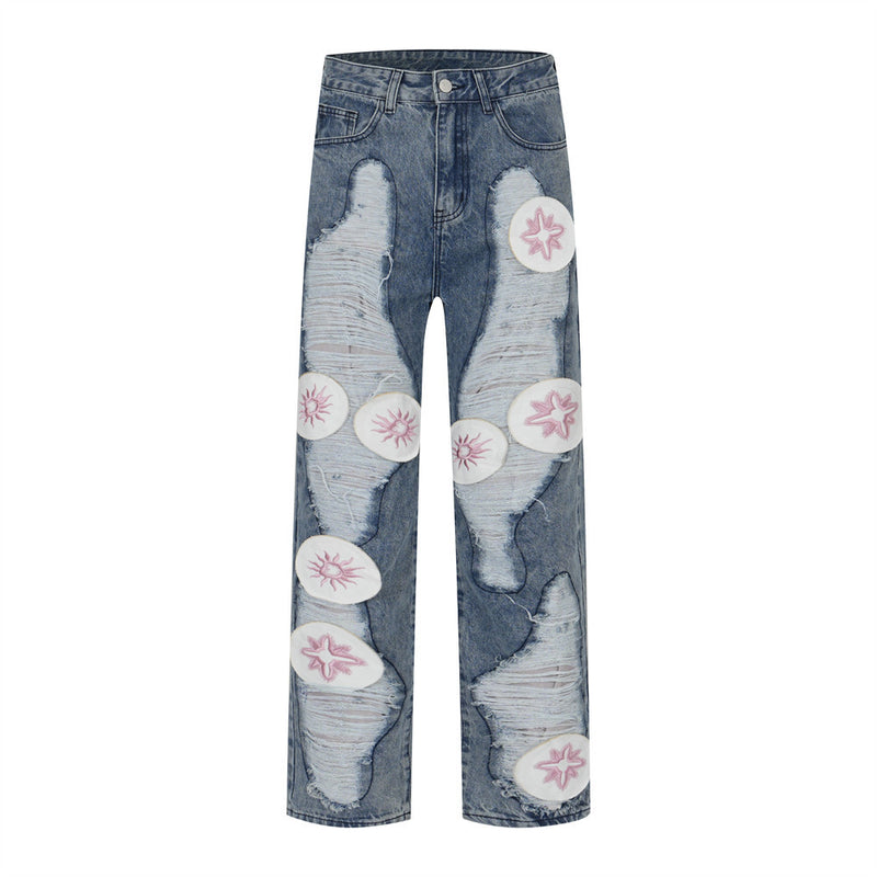 Men Jeans Hole Patch Embroidery Punk
