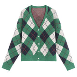 Women Knitted Cardigan Plaid Knitted Loose Vintage