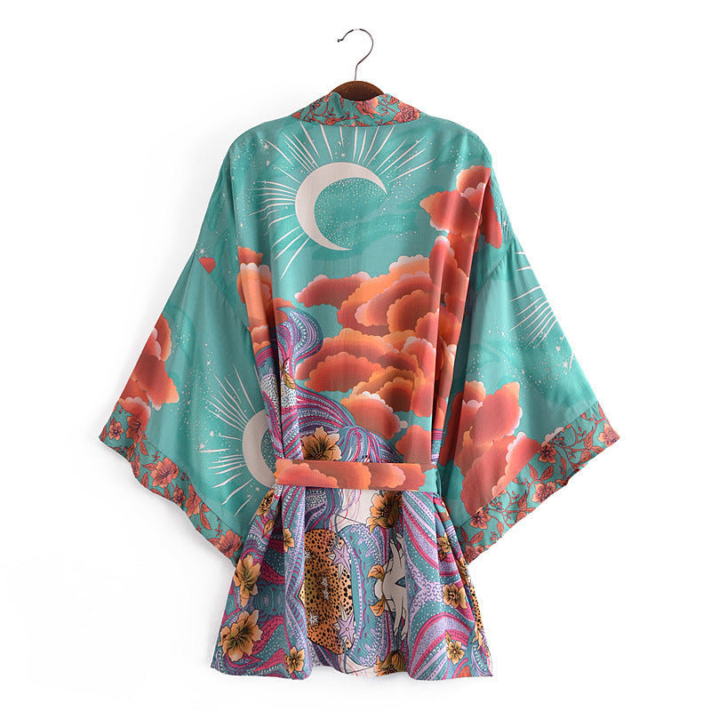Women Trench Coat Belt Moon Kimono Cardigan