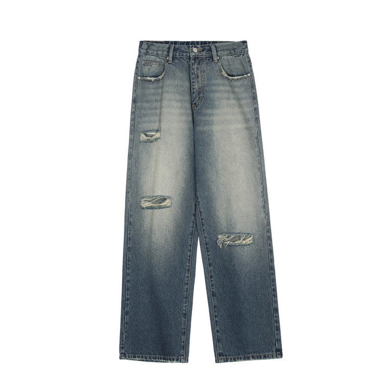 Men Jeans Color Matching Pocket Decoration Loose Hole