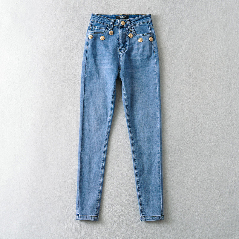 Women Jeans Stretch Slim Gold Buckle Decoration