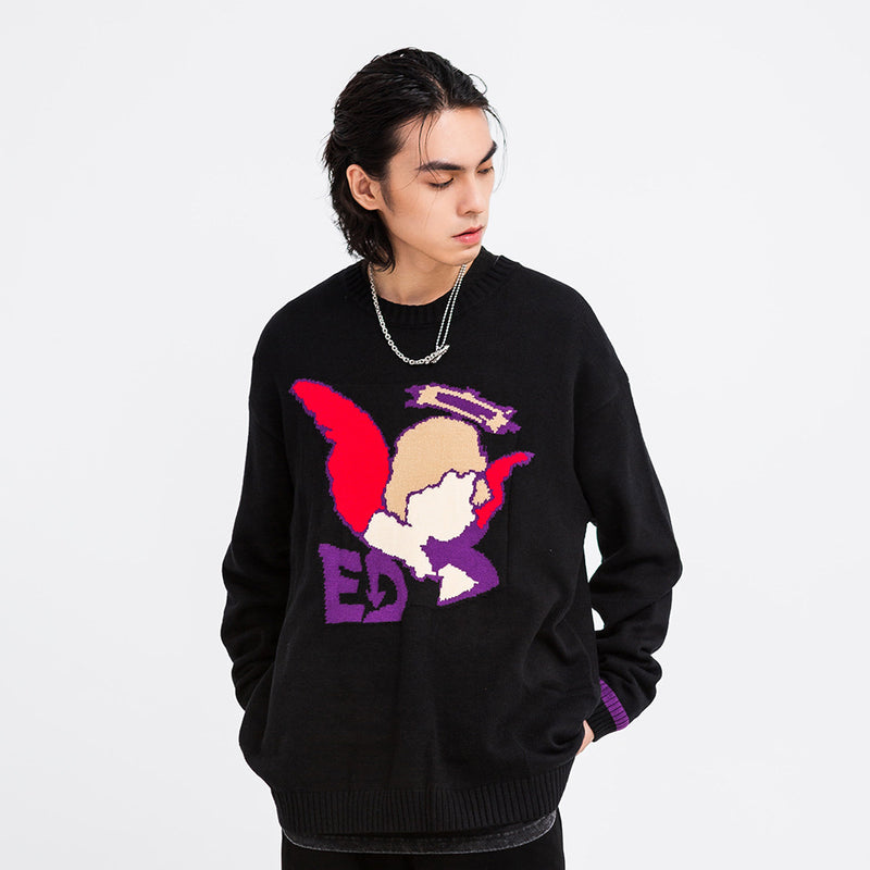 Men Sweater Cartoon Cupid Jacquard round Neck Knitted Sweater