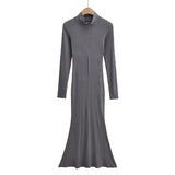 Women Dresses Zipped Stand Collar Fishtail Dress