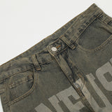 Men Jeans Vintage Letter Print Loose Distressed Burrs