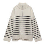 Women Work Business Casual Sweaters Half Zip High Collar Loose Striped Knitted Sweater