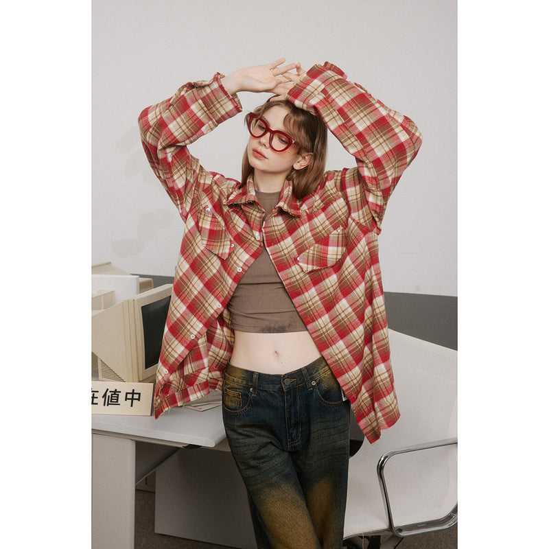 Unisex Shirt Retro Loose Long Flannel