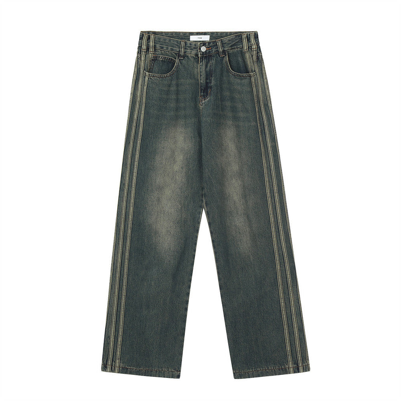 Men Jeans Side Stripe Stitching Distressed Loose