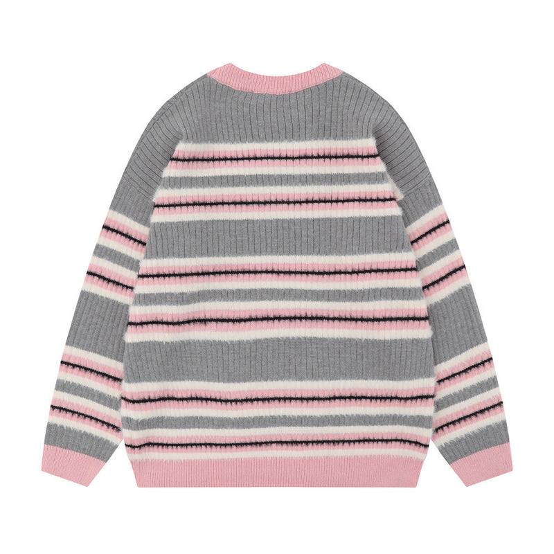 Men Sweater Mixed Color Stripe Jacquard Knitted Sweater