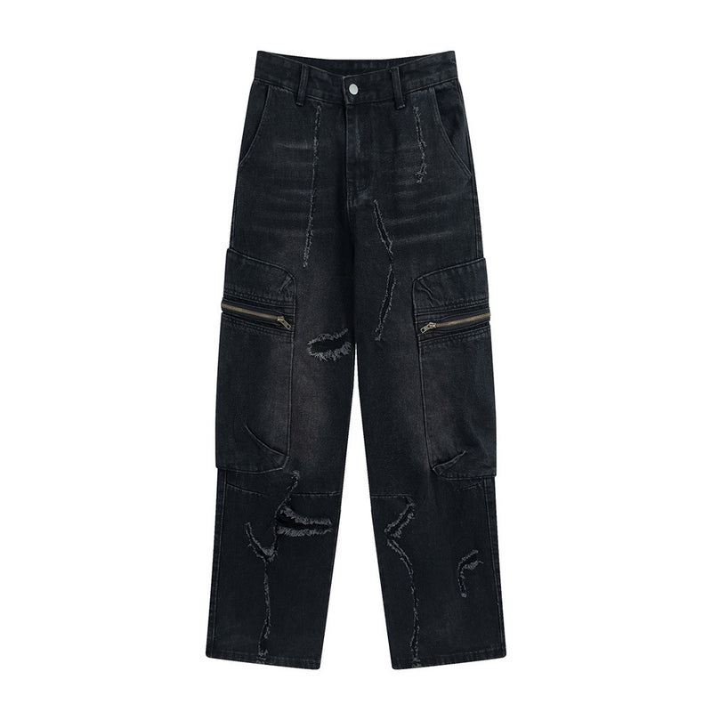 Men Jeans Scrape Hole Multi-Pocket Workwear