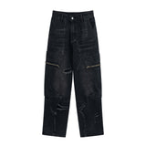 Men Jeans Scrape Hole Multi-Pocket Workwear