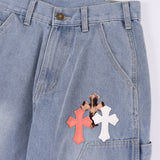 Men Jeans Leather Embroidered Cross Personality