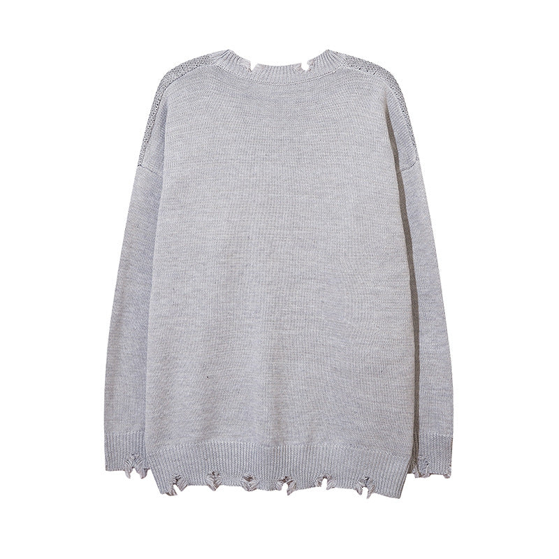 Men Sweater Five-Pointed Star Jacquard Loose-Fitting Zipper Decorations Hole Knitted Sweater