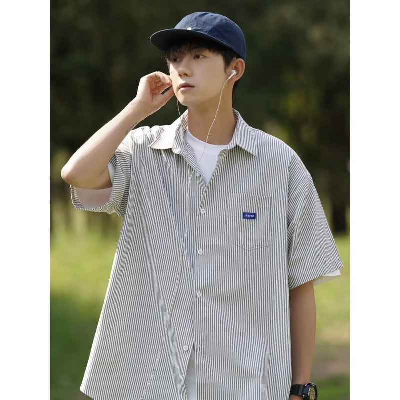 Men Shirts Loose Blue Striped Thin Summer