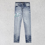 Amiri Jeans Spring and Autumn AMI Embroidered Alphabet Straight Jeans for Men and Women