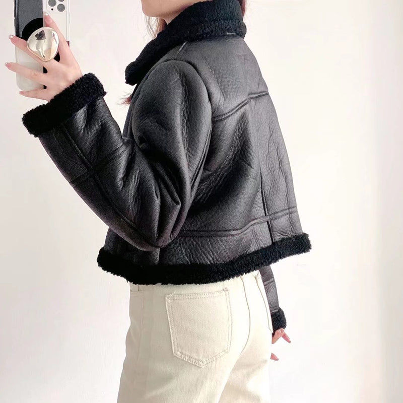 Women Cotton Coat Thickened Warm PU Leather Jacket