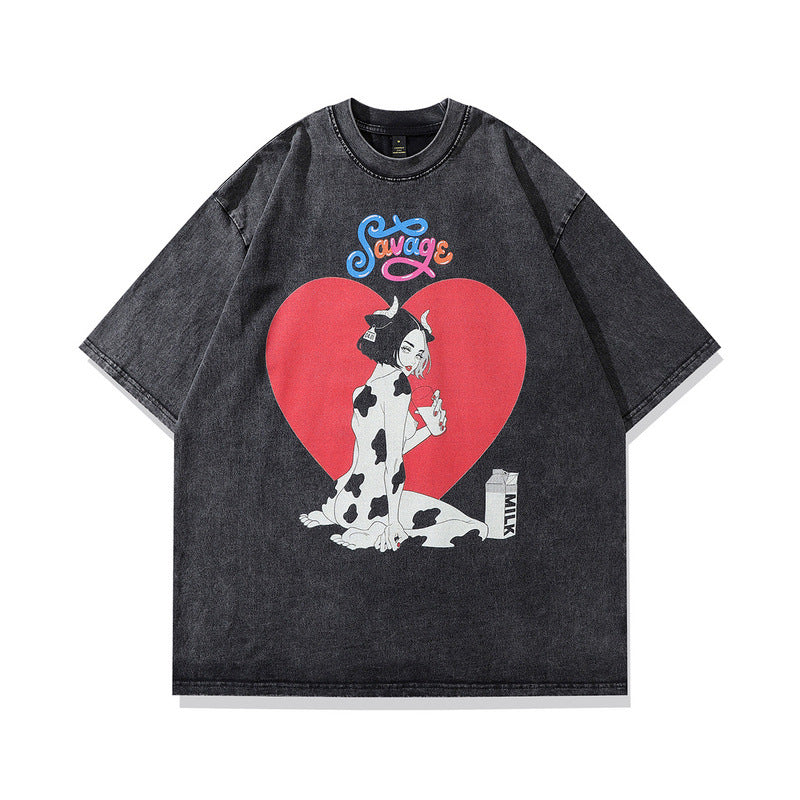 Men T-Shirt Vintage Printed Distressed Loose