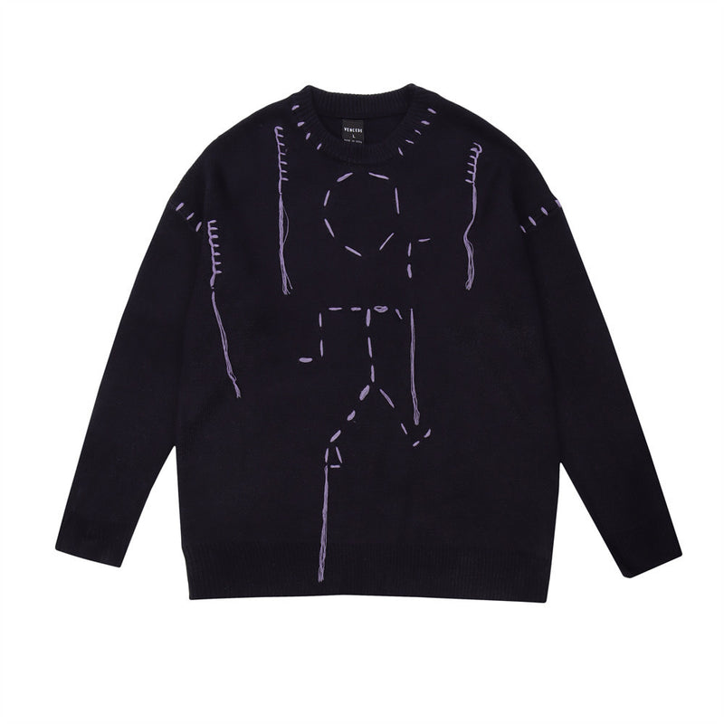 Men Sweater Embroidery Abstract Humanoid Brocade Sweater