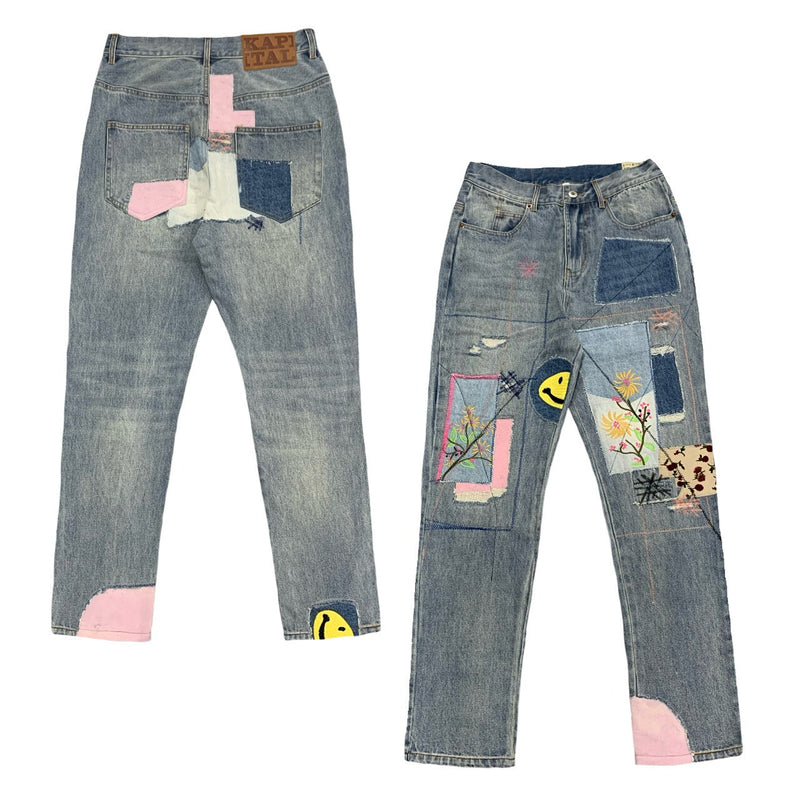 Kapital Jeans Pingtian Hehong Stitching Smiley Patch Ripped Embroidered Fashion Brand Denim Trousers