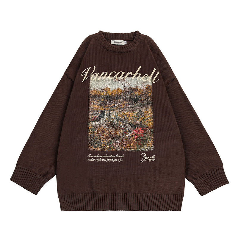 Men Sweater Oil Painting Landscape Printing Crew Neck Sweater